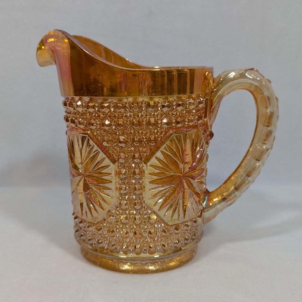 Imperial Glass Star Medallion Marigold Carnival Glass Pitcher Vintage 20 ounces - Picture 3 of 8